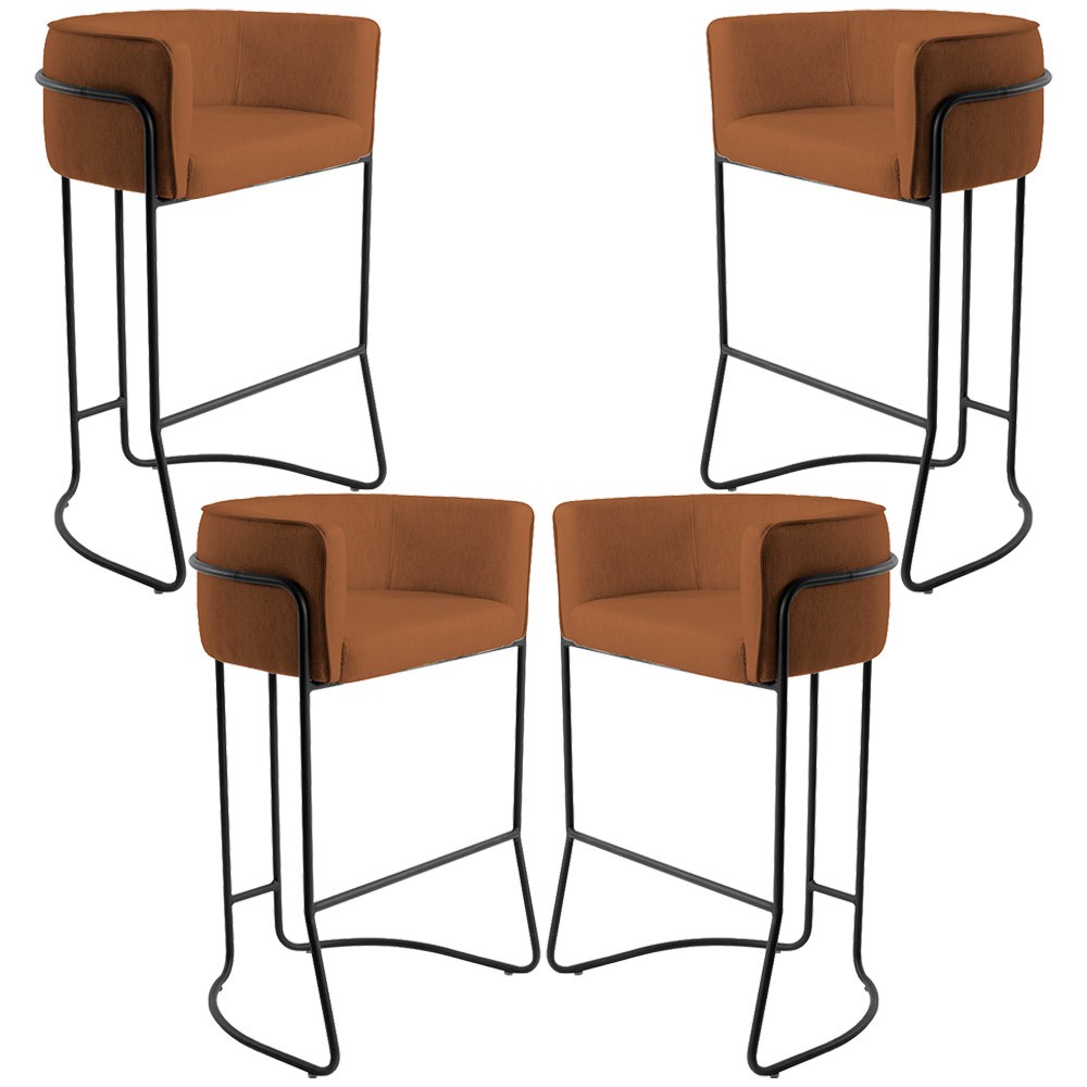 Kit 04 Banquetas Decorativas Fixa Base de Aço Preto Betina D02 Veludo Telha C-262 - Lyam Decor