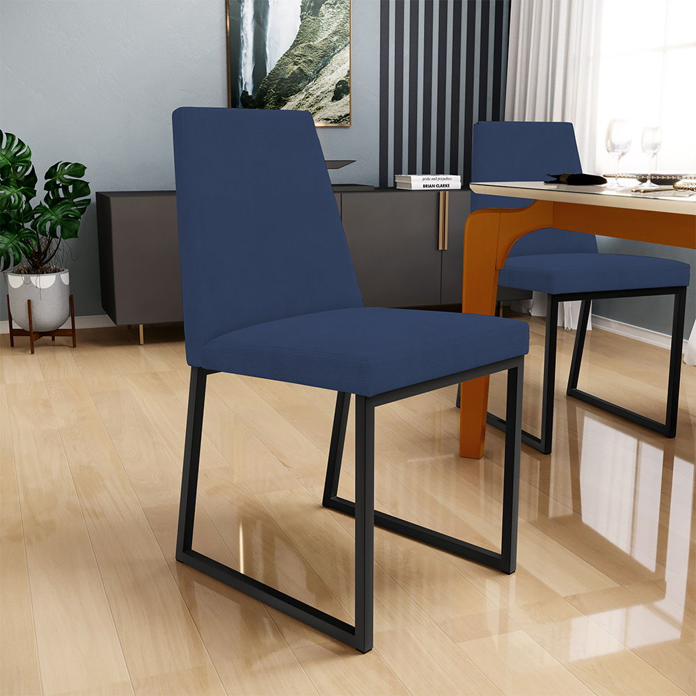 Kit 04 Cadeira Para Sala Jantar Base Aço Industrial Preto Dafne L02 Suede Azul Marinho - Lyam Decor