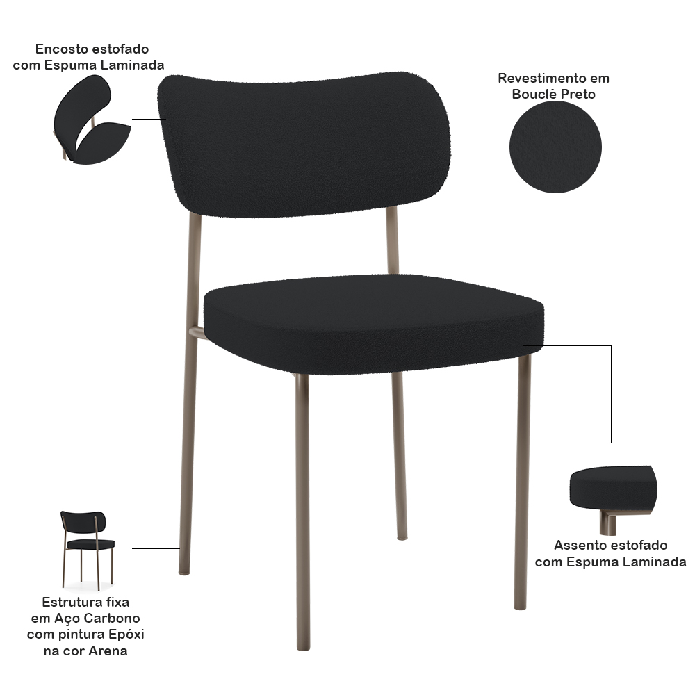 Kit 04 Cadeiras Decorativa Estofada Para Sala de Jantar Melina Base Arena L02 Bouclê Preto - Lyam Decor