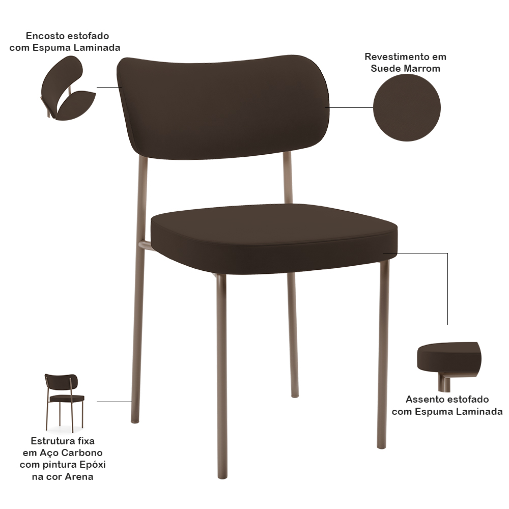 Kit 04 Cadeiras Decorativa Estofada Para Sala de Jantar Melina Base Arena L02 Suede Marrom - Lyam Decor