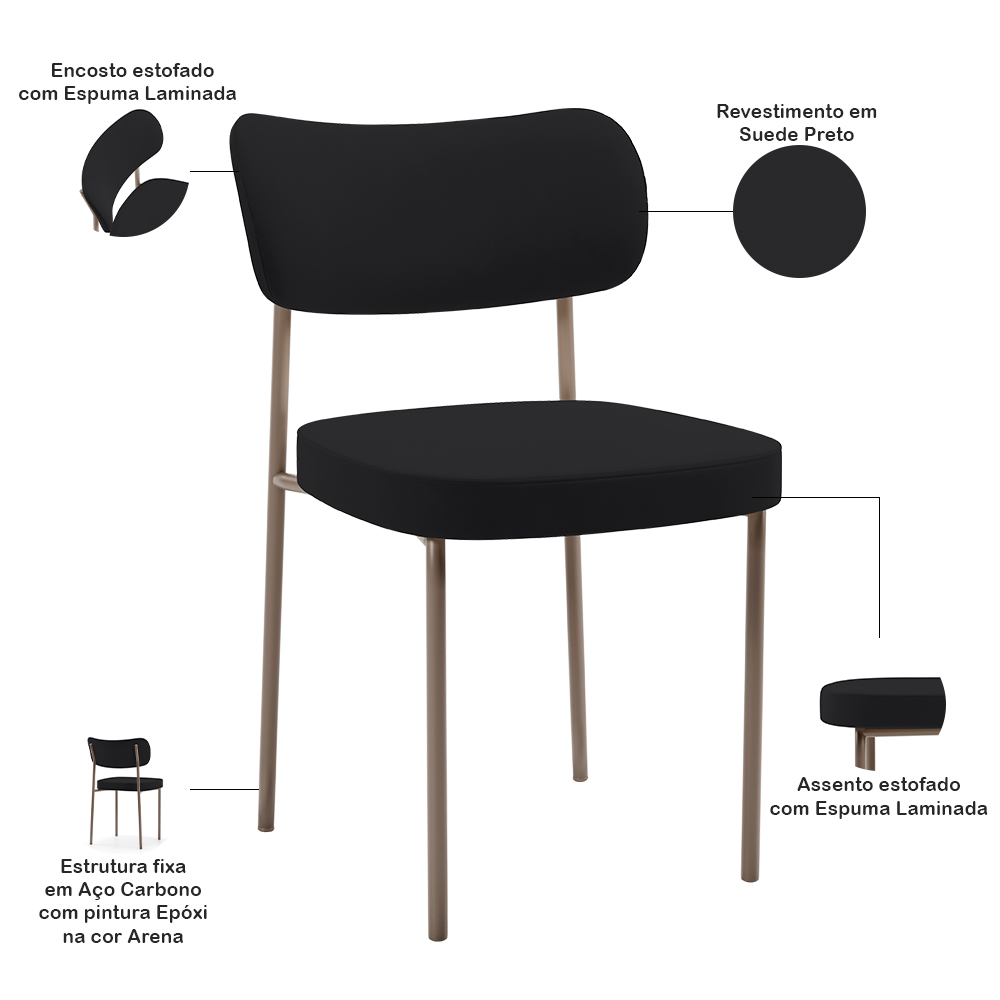 Kit 04 Cadeiras Decorativa Estofada Para Sala de Jantar Melina Base Arena L02 Suede Rosê - Lyam Decor