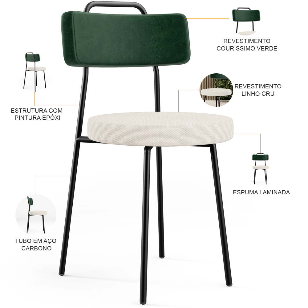Kit 04 Cadeiras Decorativa Estofada Sala De Jantar Barcelona L02 Facto Verde Musgo Linho Cru - Lyam
