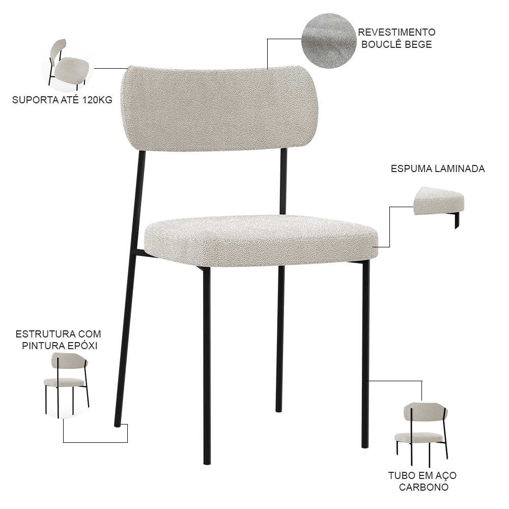 Kit 04 Cadeiras Decorativa Para Sala De Jantar Melina L02 Bouclê Creme - Lyam Decor