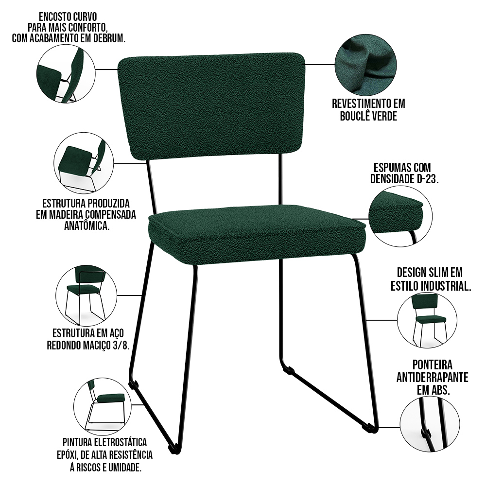 Kit 04 Cadeiras Decorativas Estofada Base De Aço Allana L02 Bouclê Verde - Lyam Decor