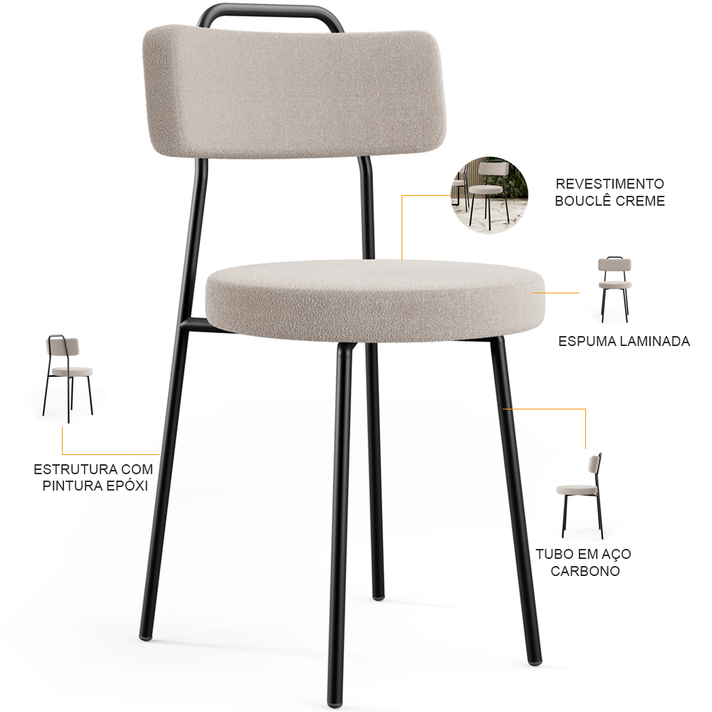 Kit 04 Cadeiras Decorativas Estofada Para Sala De Jantar Barcelona L02 Bouclê Creme - Lyam Decor