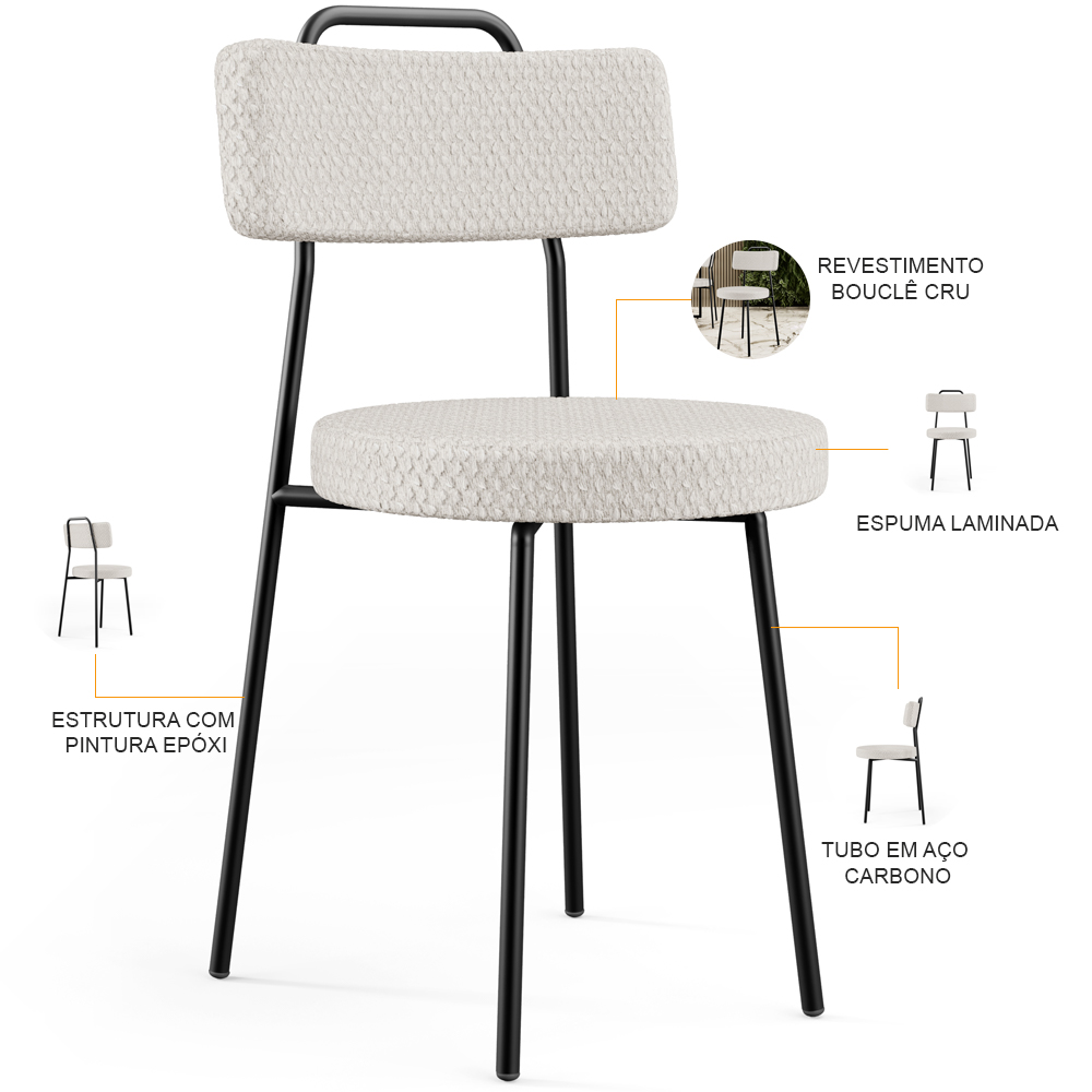 Kit 04 Cadeiras Decorativas Estofada Para Sala De Jantar Barcelona L02 Bouclê Cru - Lyam Decor