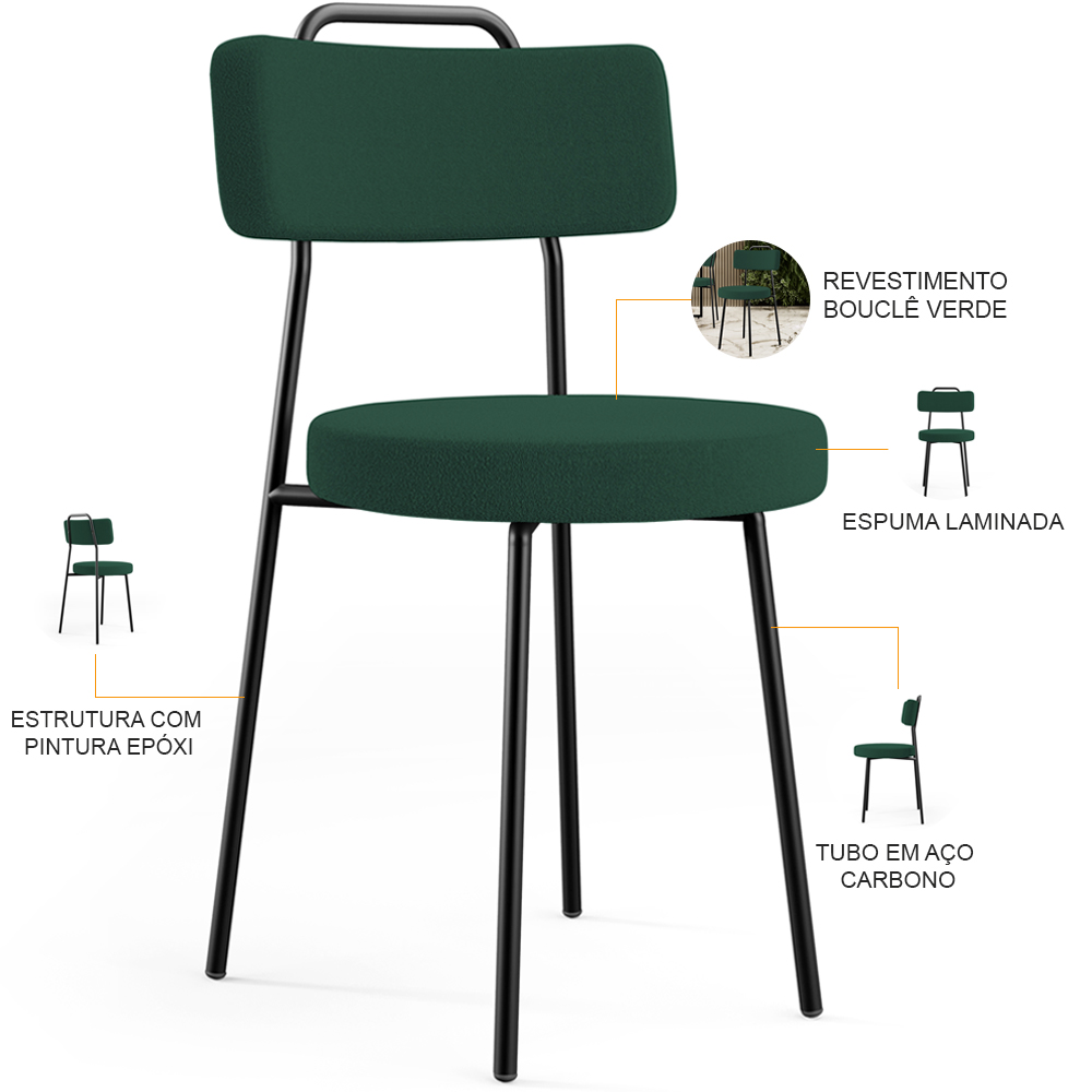 Kit 04 Cadeiras Decorativas Estofada Para Sala De Jantar Barcelona L02 Bouclê Verde - Lyam Decor