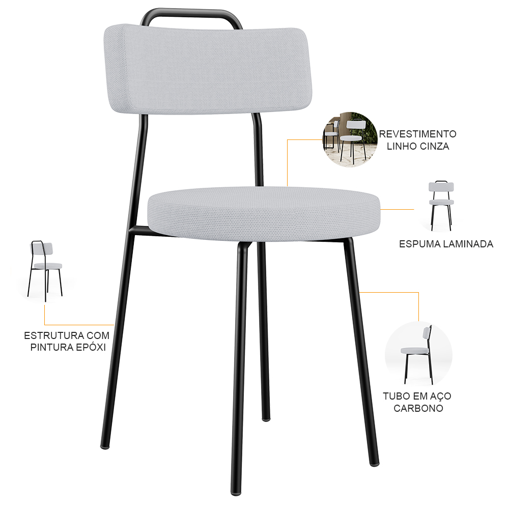 Kit 04 Cadeiras Decorativas Estofada Para Sala De Jantar Barcelona L02 Linho Cinza - Lyam Decor