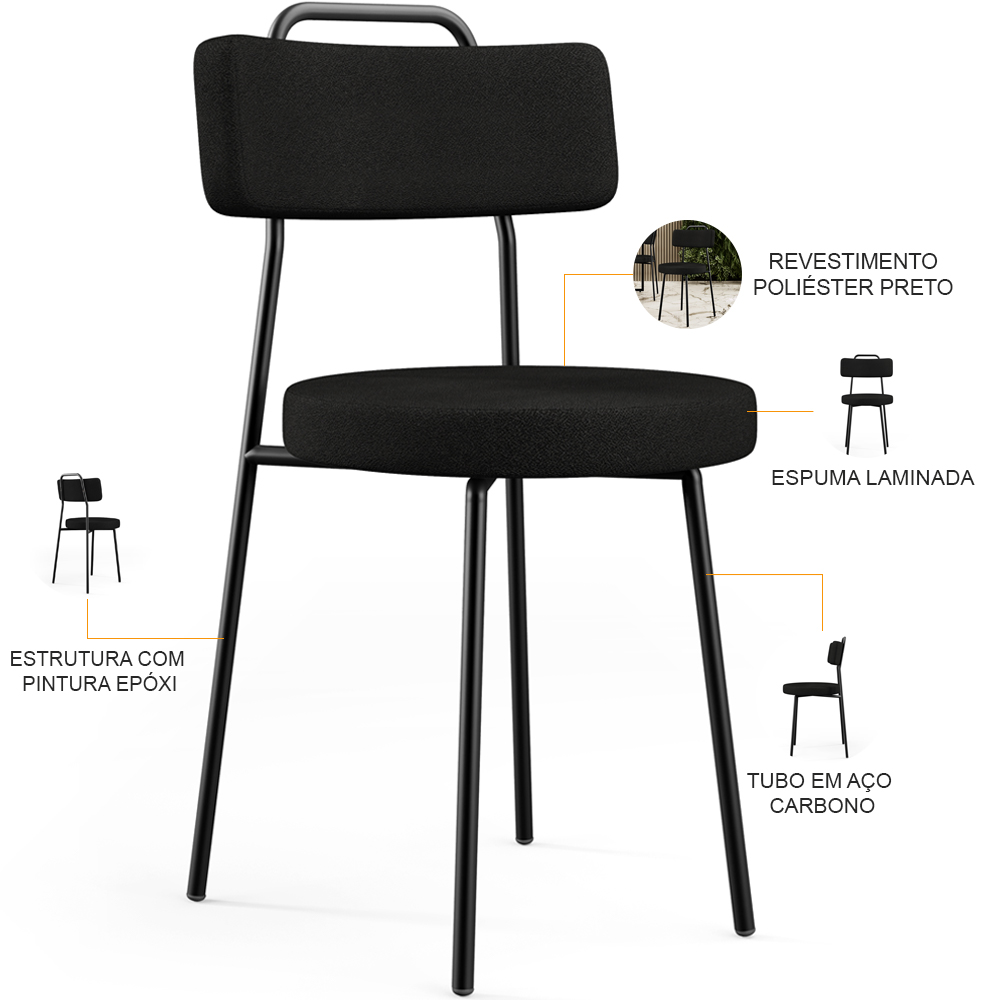 Kit 04 Cadeiras Decorativas Estofada Para Sala De Jantar Barcelona L02 Poliéster Preto - Lyam