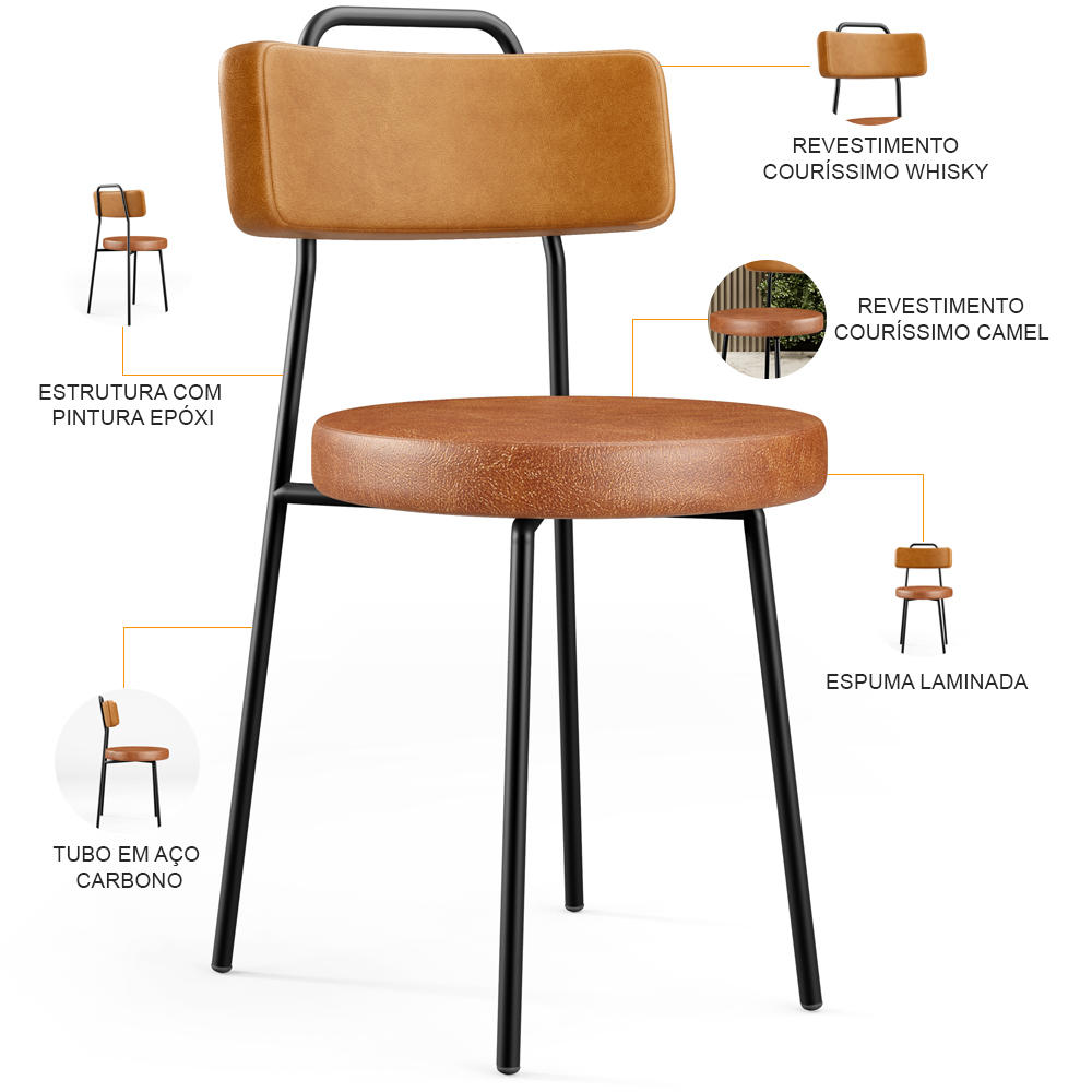 Kit 04 Cadeiras Decorativas Estofada Para Sala Jantar Barcelona L02 Couríssimo Whisky Camel - Lyam
