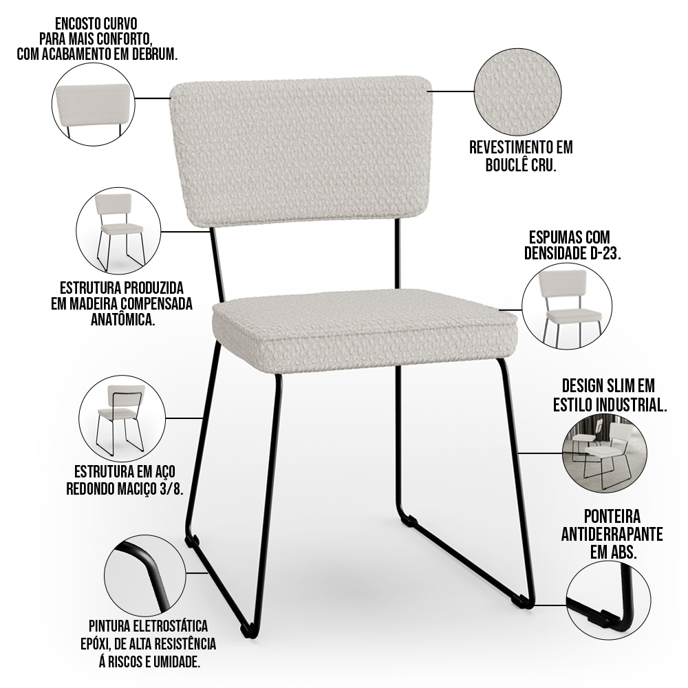 Kit 04 Cadeiras Decorativas Para Sala De Jantar Allana L02 Bouclê Cru - Lyam