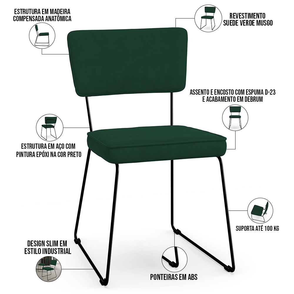 Kit 04 Cadeiras Decorativas Para Sala De Jantar Allana L02 Suede Verde Musgo - Lyam Decor