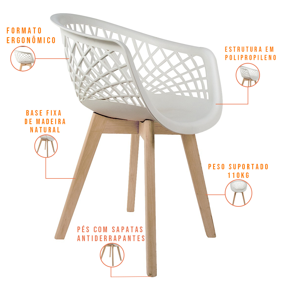 Kit 04 Cadeiras Decorativas Para Sala de Jantar Madri Com Base de Madeira E01 Branco - Lyam Decor
