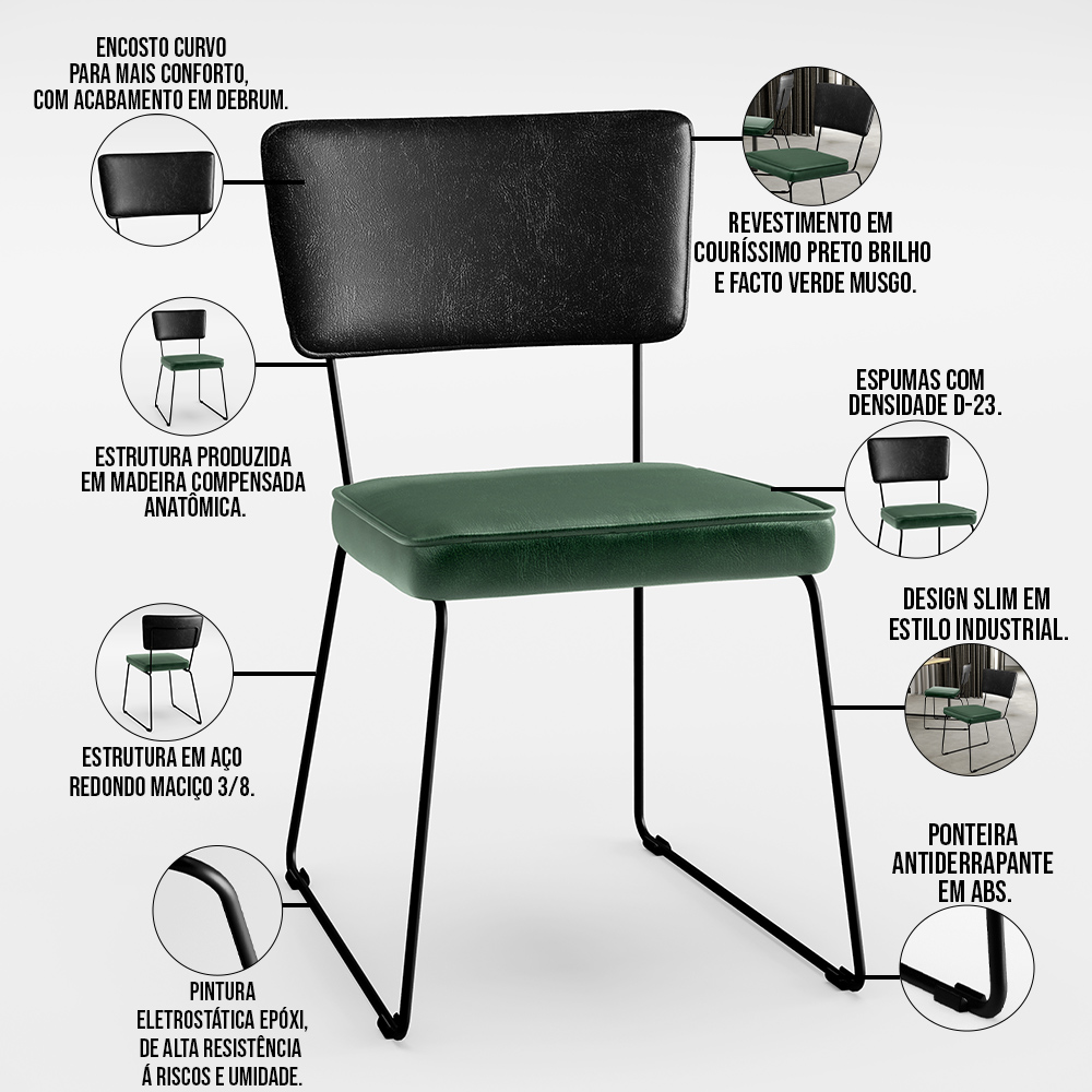 Kit 04 Cadeiras Decorativas Sala Jantar Allana L02 Couríssimo Preto Facto Verde Musgo - Lyam Decor