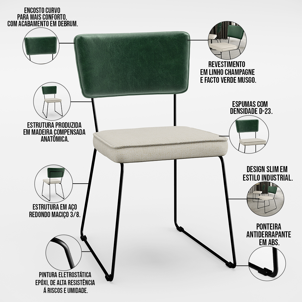 Kit 04 Cadeiras Decorativas Sala Jantar Allana L02 Facto Verde Musgo Linho Champagne - Lyam Decor