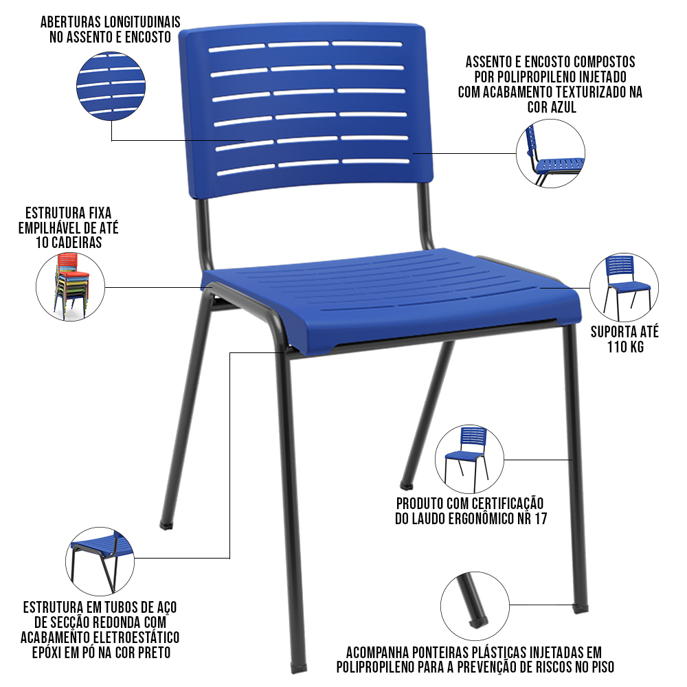 Kit 04 Cadeiras Empilhável Fixa Escritório Multiuso Base Preta Kimi P03 Azul - Lyam Decor
