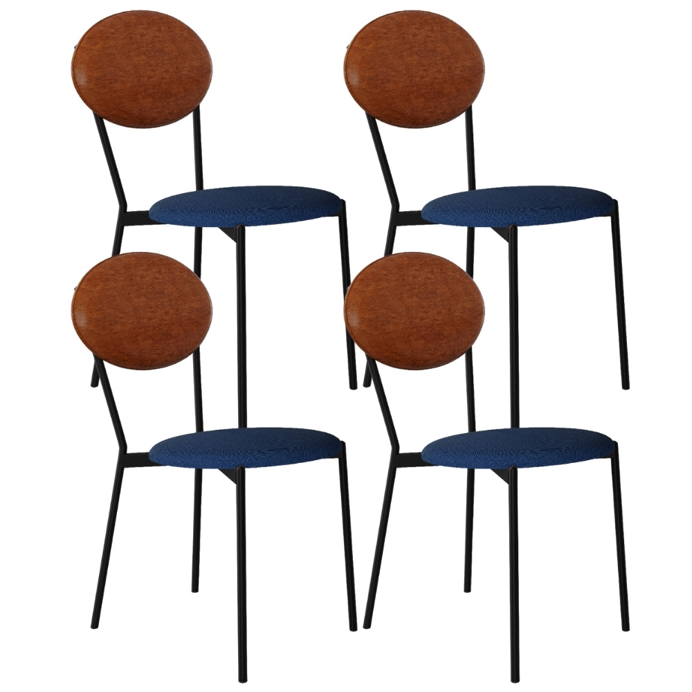 Kit 04 Cadeiras Estofada Para Sala de Jantar Azuri Preto C01 Linho Azul Courino Caramelo  - Lyam Decor