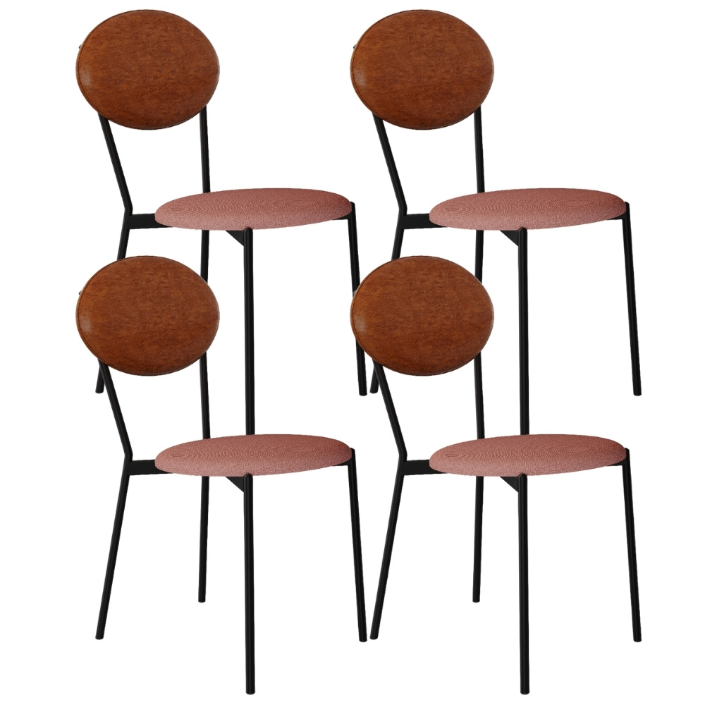 Kit 04 Cadeiras Estofada Para Sala de Jantar Azuri Preto C01 Linho Rosê Courino Caramelo - Lyam Decor