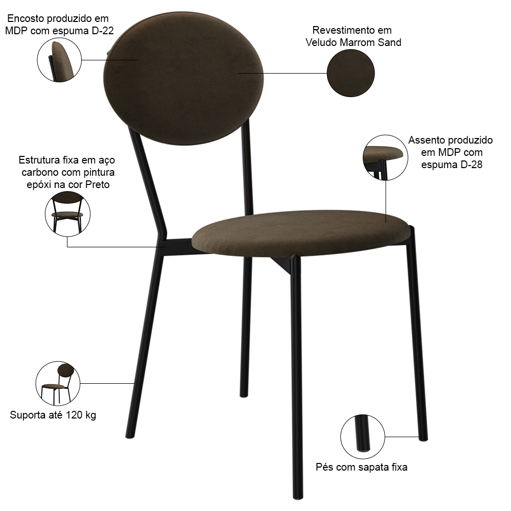 Kit 04 Cadeiras Estofada Para Sala de Jantar Azuri Preto C01 Veludo Marrom Sand - Lyam Decor