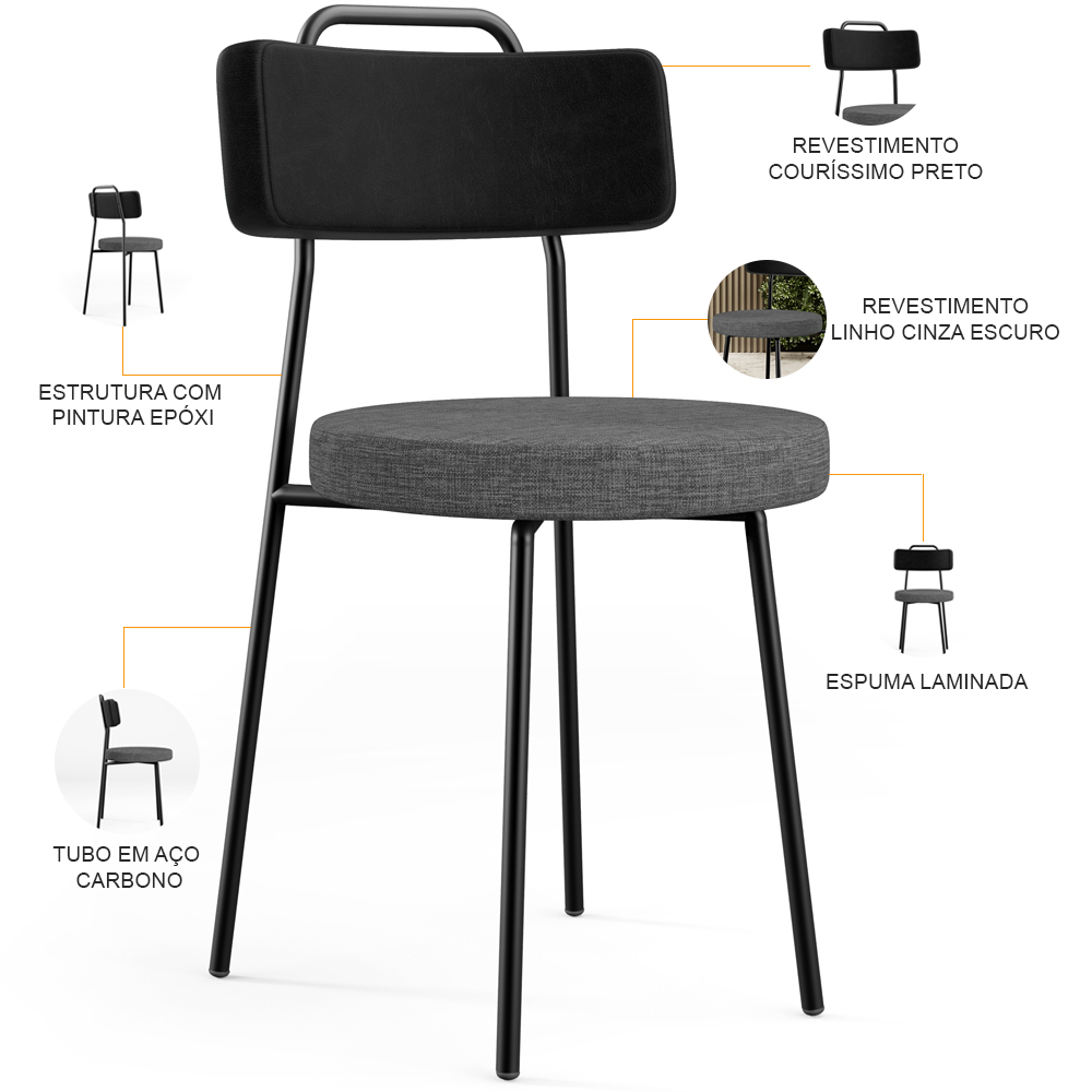 Kit 04 Cadeiras Estofada Sala De Jantar Barcelona L02 Couríssimo Preto Linho Cinza Escuro - Lyam
