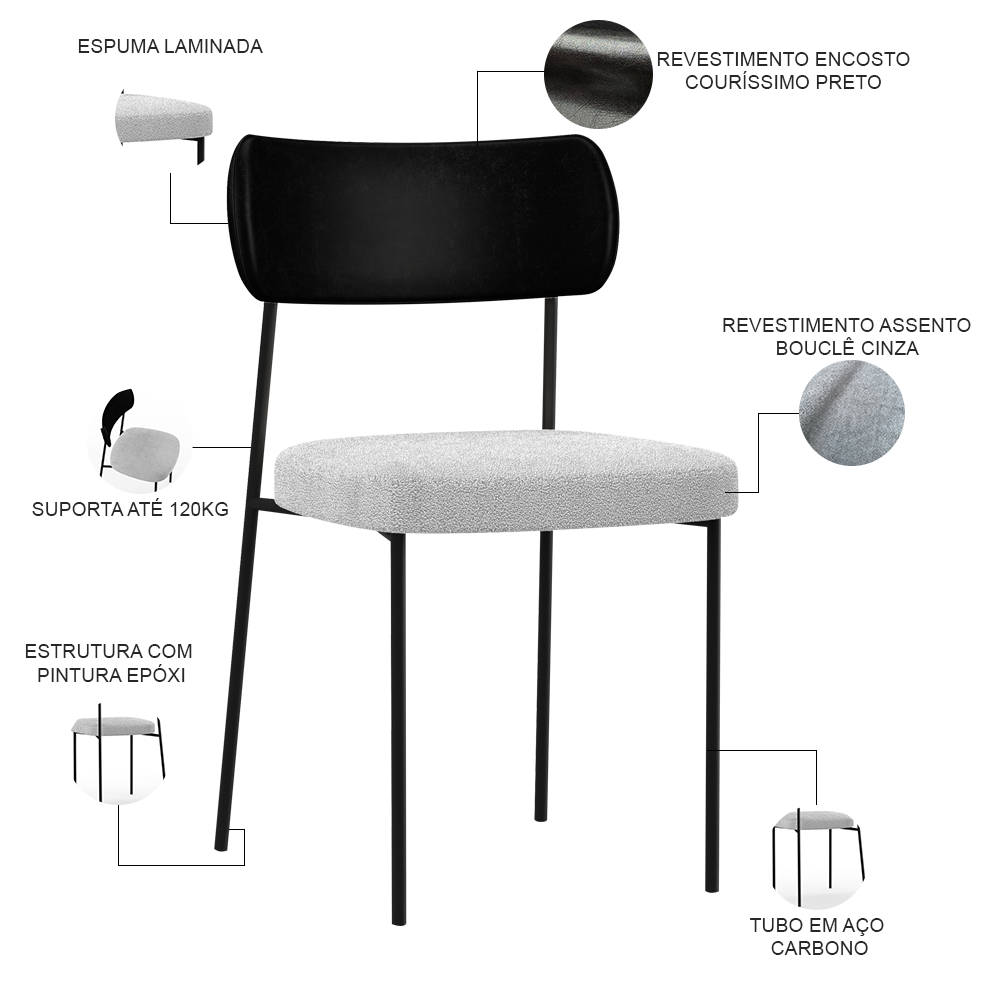 Kit 04 Cadeiras Estofadas Para Sala De Jantar Melina L02 Couríssimo Preto Bouclê Cinza - Lyam Decor