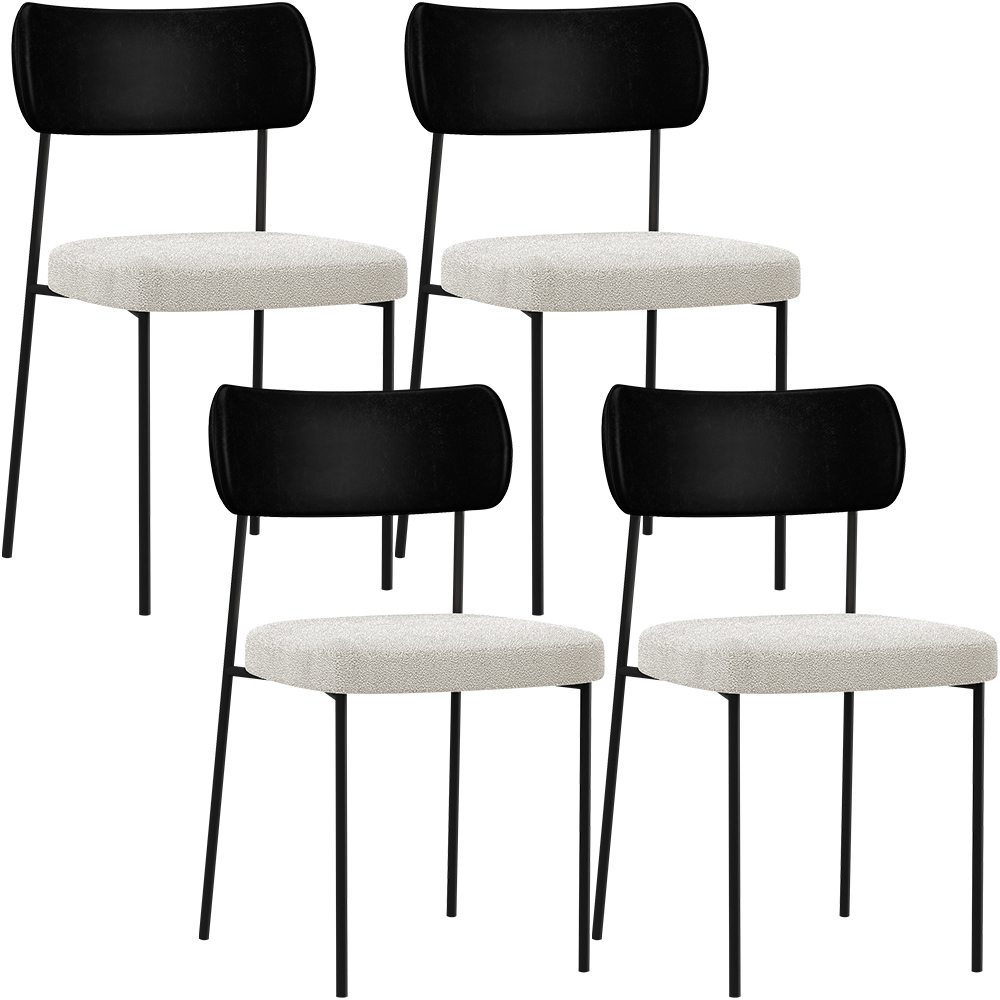 Kit 04 Cadeiras Estofadas Para Sala De Jantar Melina L02 Couríssimo Preto Bouclê Creme - Lyam Decor