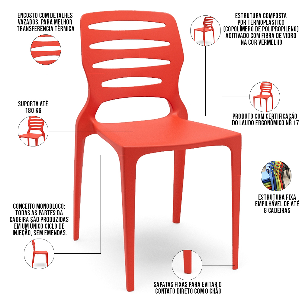 Kit 04 Cadeiras Para Cozinha Área Gourmet Jardim Empilhável Larsen P03 Vermelho - Lyam Decor