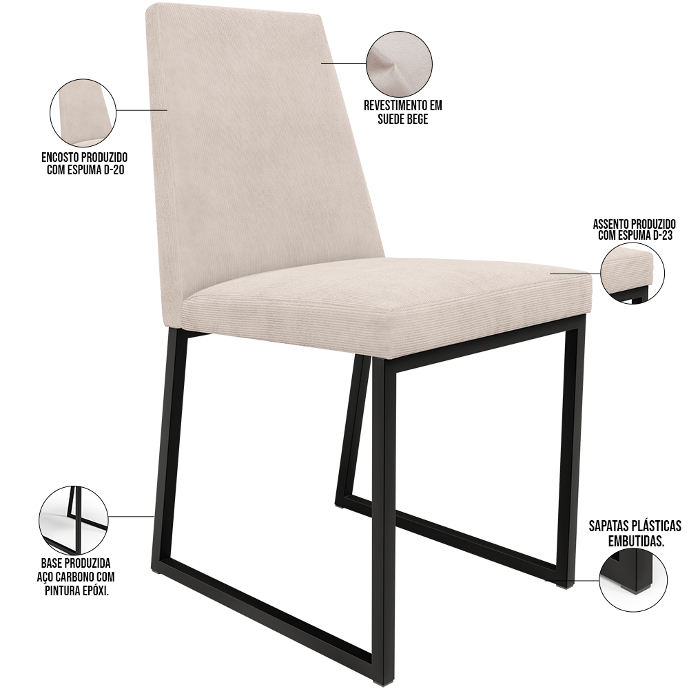 Kit 04 Cadeiras Para Sala De Jantar Base Aço Industrial Preto Dafne L02 Suede Bege - Lyam Decor