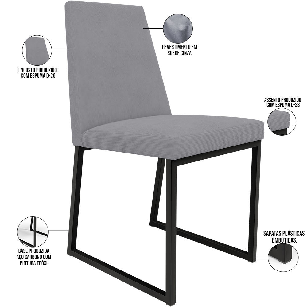 Kit 04 Cadeiras Para Sala De Jantar Base Aço Industrial Preto Dafne L02 Suede Cinza - Lyam Decor