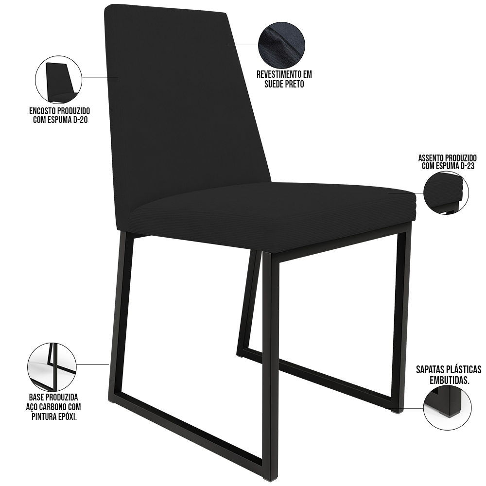 Kit 04 Cadeiras Para Sala De Jantar Base Aço Industrial Preto Dafne L02 Suede Preto - Lyam Decor
