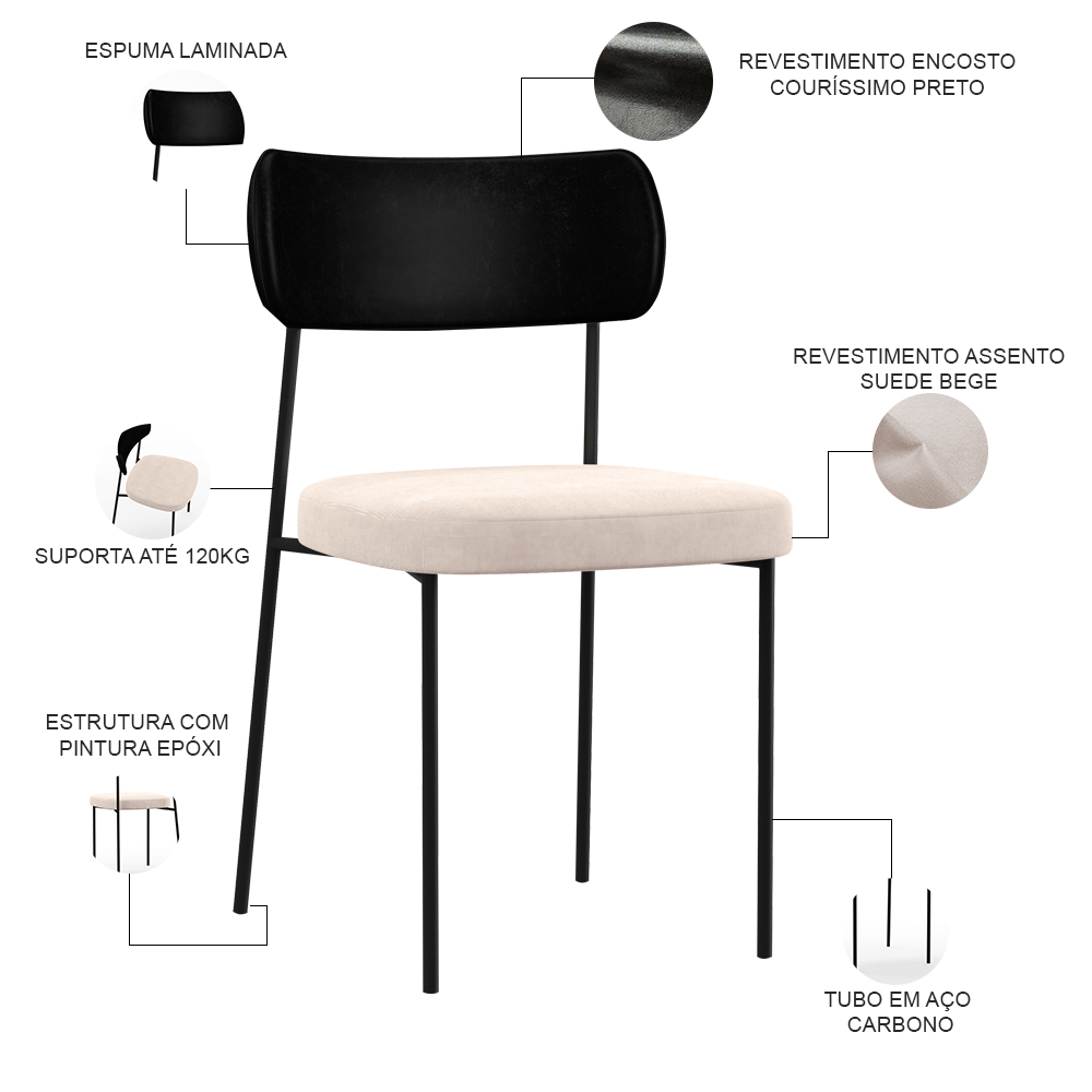 Kit 04 Cadeiras Para Sala De Jantar Melina L02 Couríssimo Preto Suede Bege - Lyam Decor