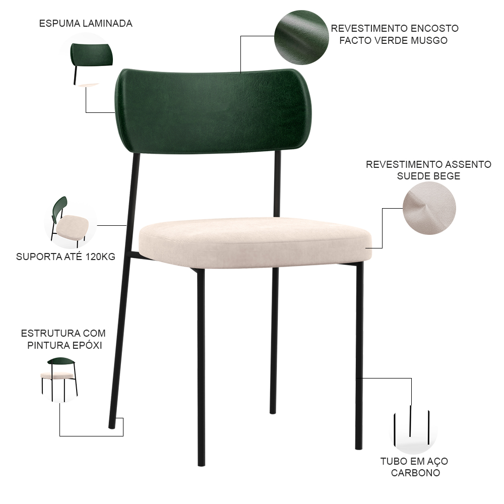 Kit 04 Cadeiras Para Sala De Jantar Melina L02 Facto Verde Musgo Suede Bege - Lyam Decor