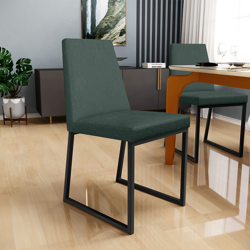 Kit 04 Cadeiras Para Sala Jantar Base Aço Industrial Preto Dafne L02 Linho Verde Musgo - Lyam Decor