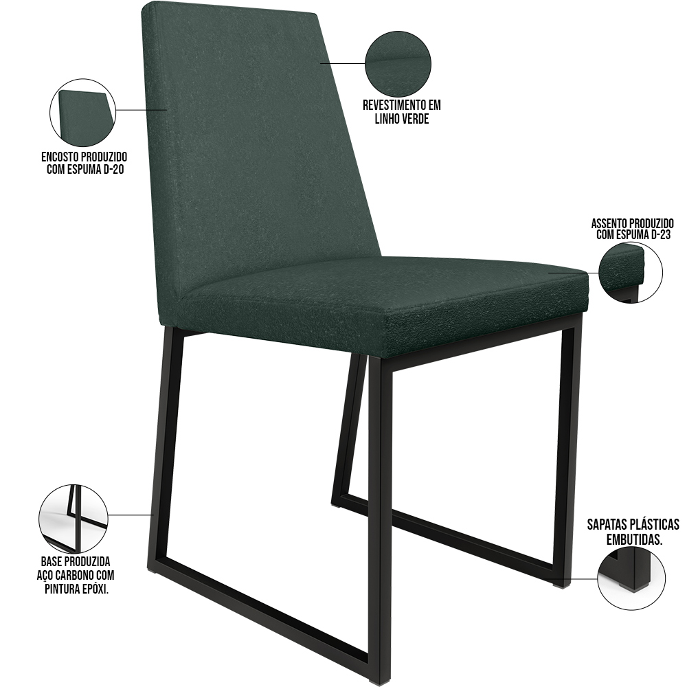 Kit 04 Cadeiras Para Sala Jantar Base Aço Industrial Preto Dafne L02 Linho Verde Musgo - Lyam Decor