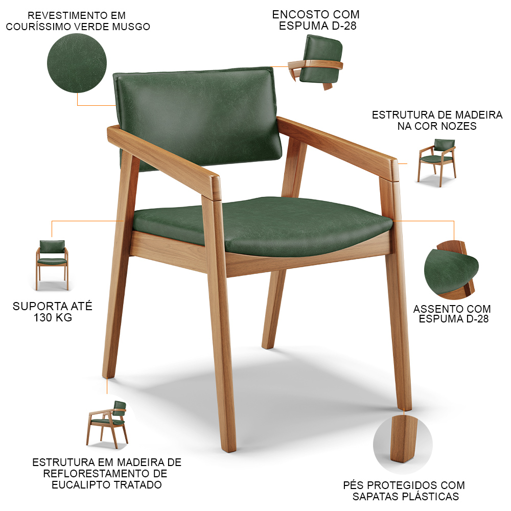 Kit 04 Cadeiras Para Sala de Jantar Estar Living Giorgia L02 Couríssimo Verde Musgo - Lyam Decor