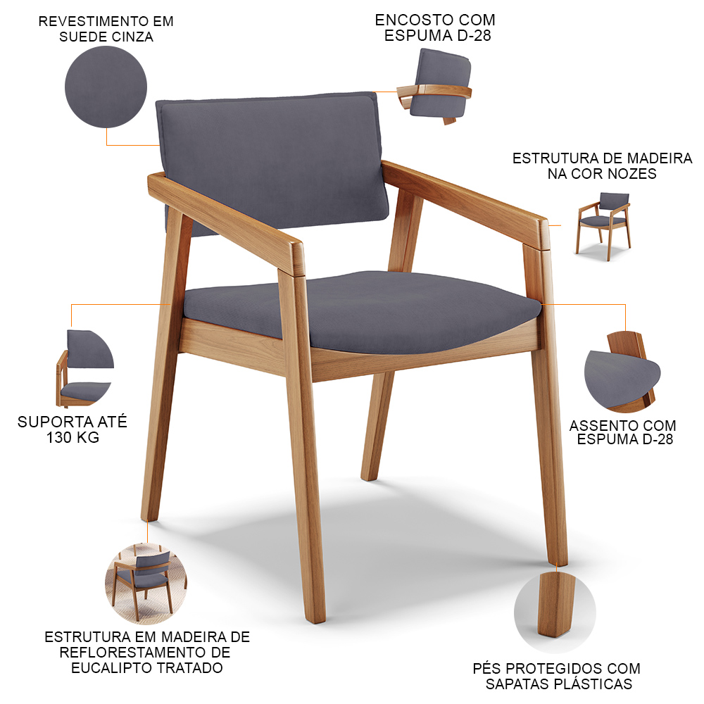 Kit 04 Cadeiras Para Sala de Jantar Estar Living Giorgia L02 Suede Cinza - Lyam Decor