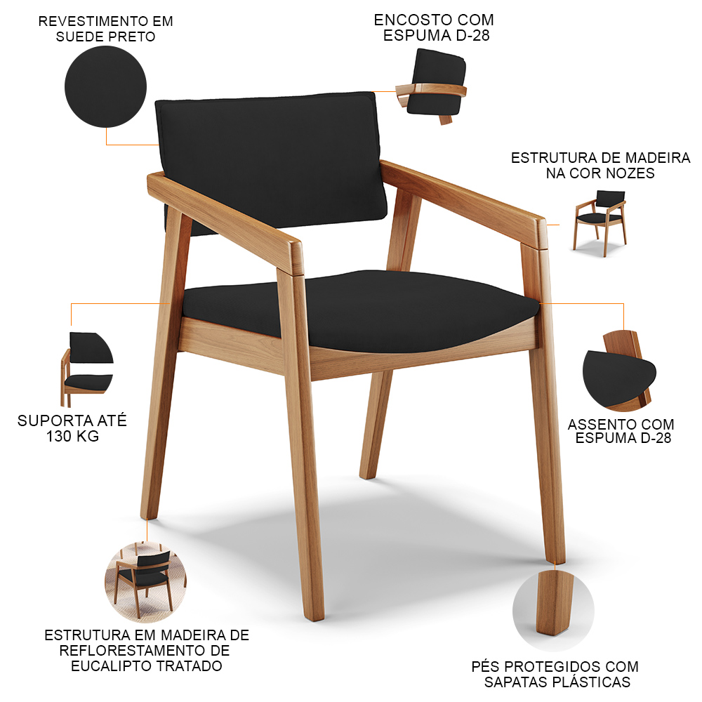 Kit 04 Cadeiras Para Sala de Jantar Estar Living Giorgia L02 Suede Preto - Lyam Decor