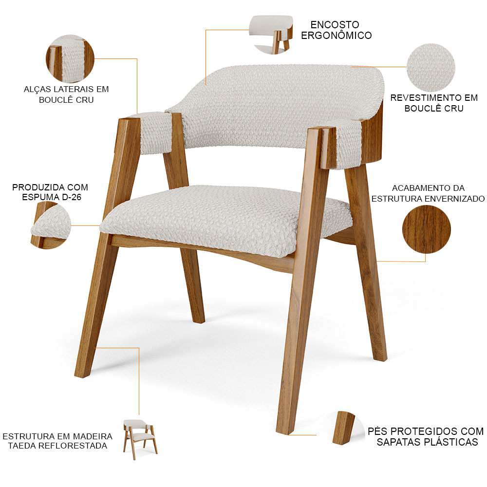 Kit 04 Cadeiras Para Sala de Jantar e Estar Living Estofada Suran L02 Bouclê Cru - Lyam