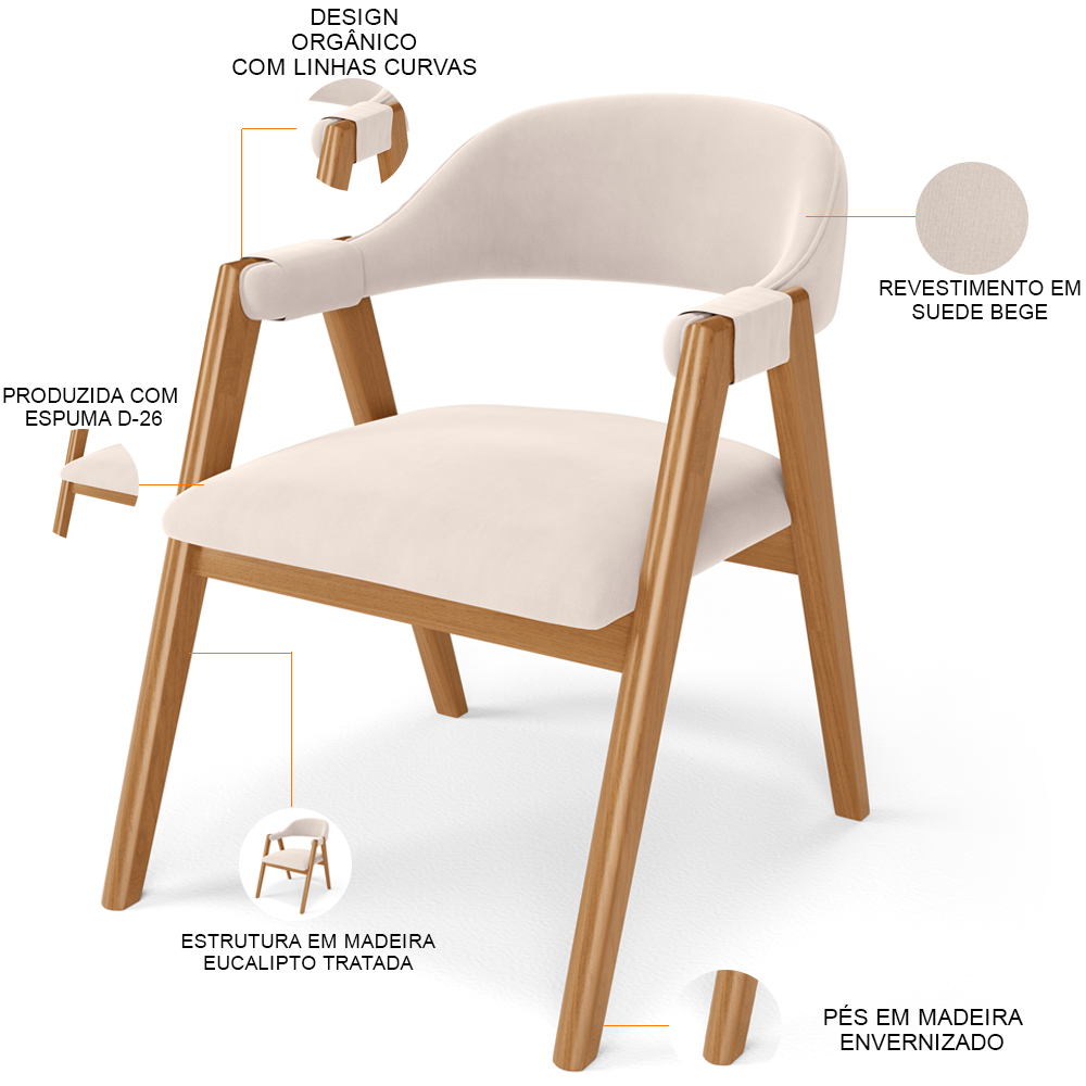 Kit 04 Cadeiras de Jantar e Estar Living Estofada Nadja L02 Suede Bege - Lyam Decor