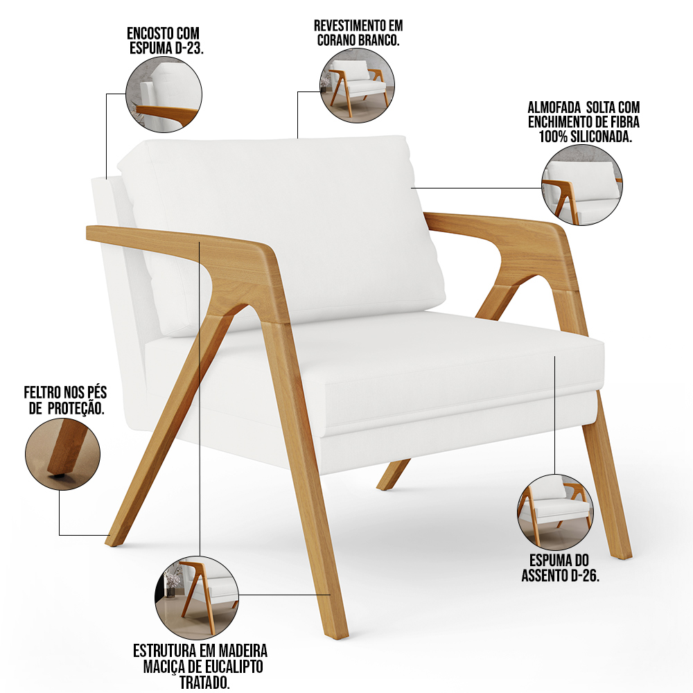 Kit 04 Poltrona Decorativa Para Sala Pietra Estrutura De Madeira L02 Corano Branco - Lyam Decor