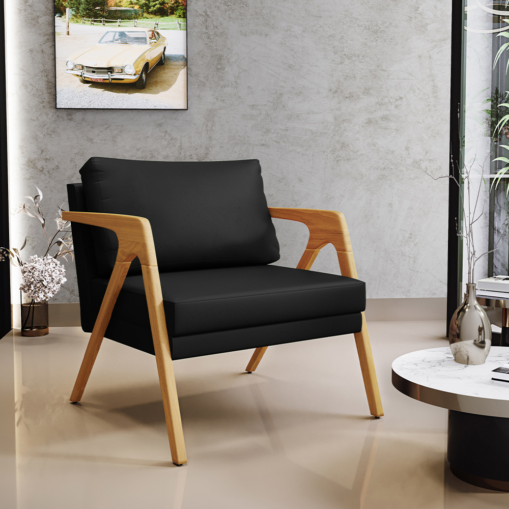 Kit 04 Poltrona Decorativa Para Sala Pietra Estrutura De Madeira L02 Corano Preto - Lyam Decor