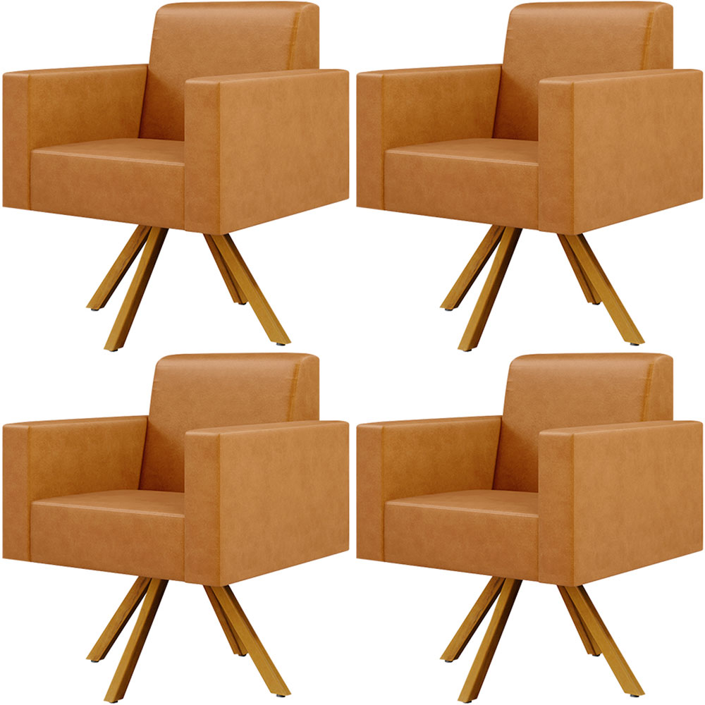 Kit 04 Poltronas Decorativa Base Giratória de Madeira Helô L02 Couríssimo Whisky - Lyam Decor