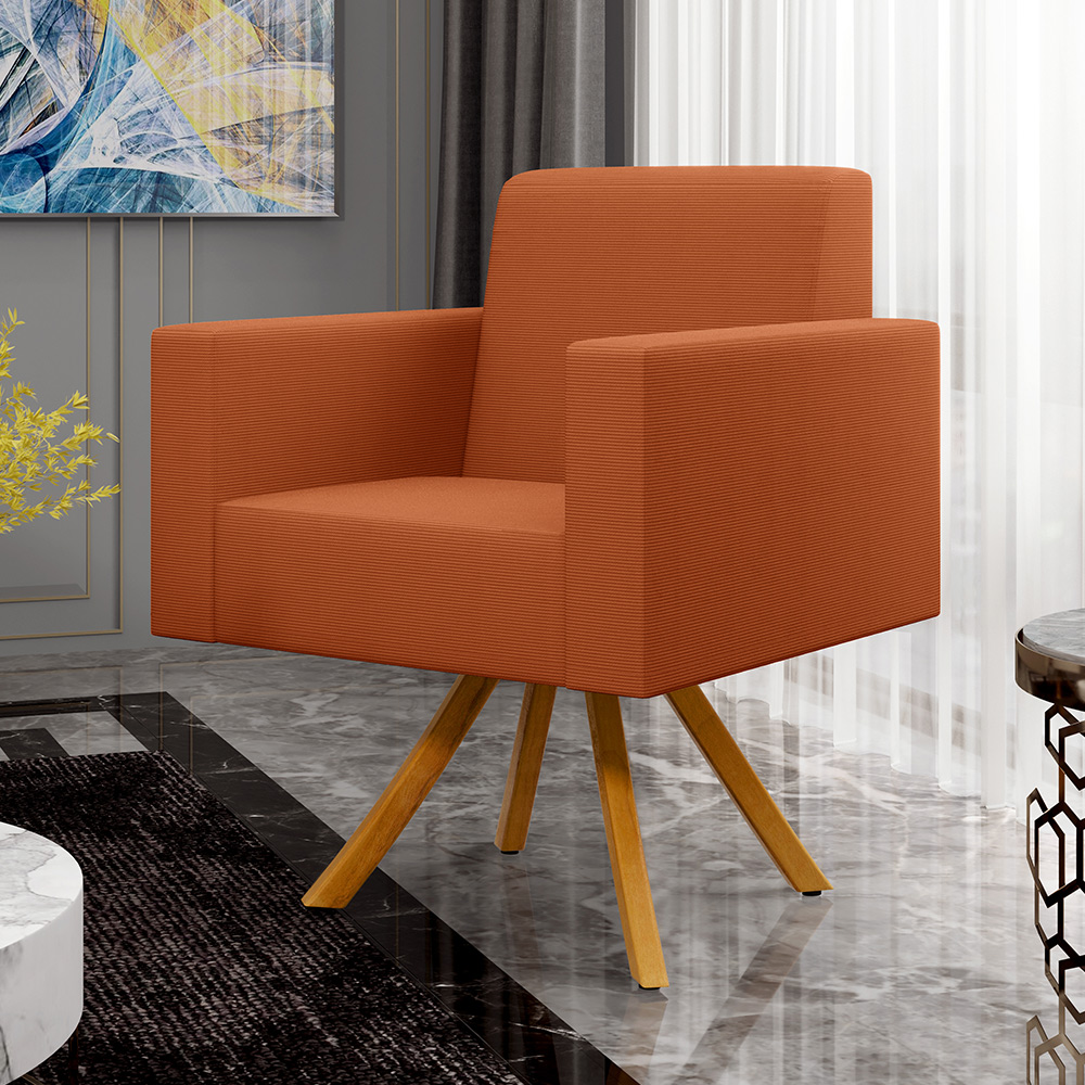 Kit 04 Poltronas Decorativa Base Giratória de Madeira Helô L02 Tecido Terracota - Lyam Decor
