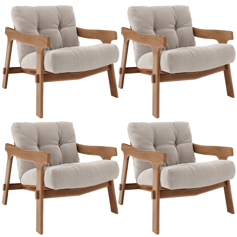 Kit 04 Poltronas Decorativa Fixa Para Sala Living Ikary L02 Canela Prime Bouclê Bege Escuro - Lyam Decor