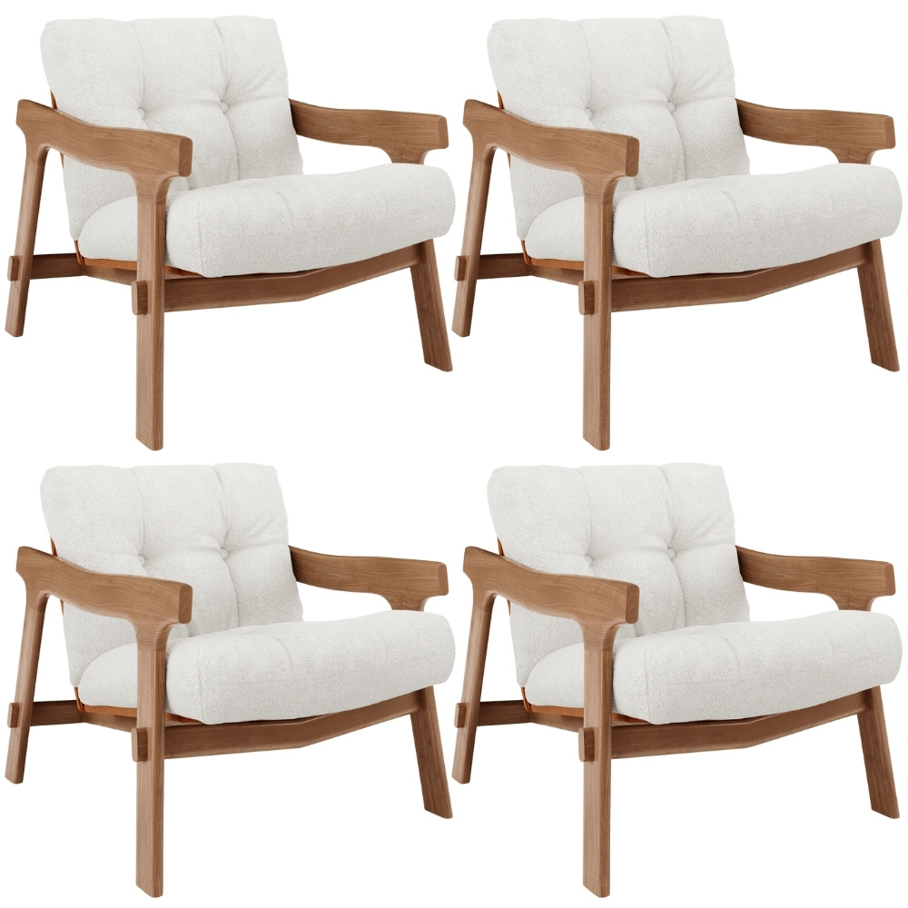 Kit 04 Poltronas Decorativa Fixa Para Sala Living Ikary L02 Canela Prime Bouclê Branco - Lyam Decor