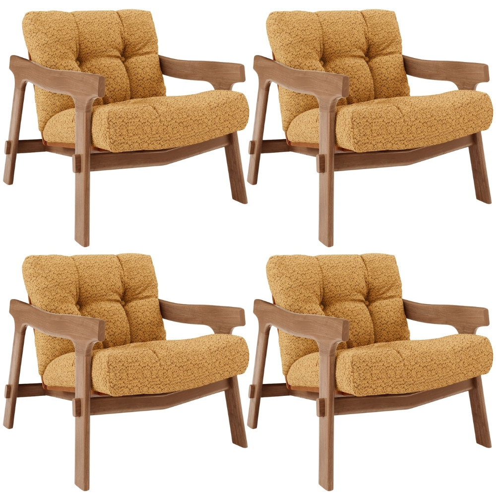 Kit 04 Poltronas Decorativa Fixa Para Sala Living Ikary L02 Canela Prime Bouclê Mostarda - Lyam Decor