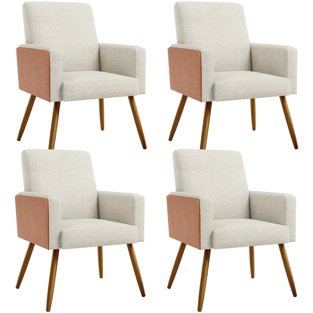 Kit 04 Poltronas Decorativa Maria W01 Pés Palito Linho Champagne Couríssimo Camel - Lyam Decor
