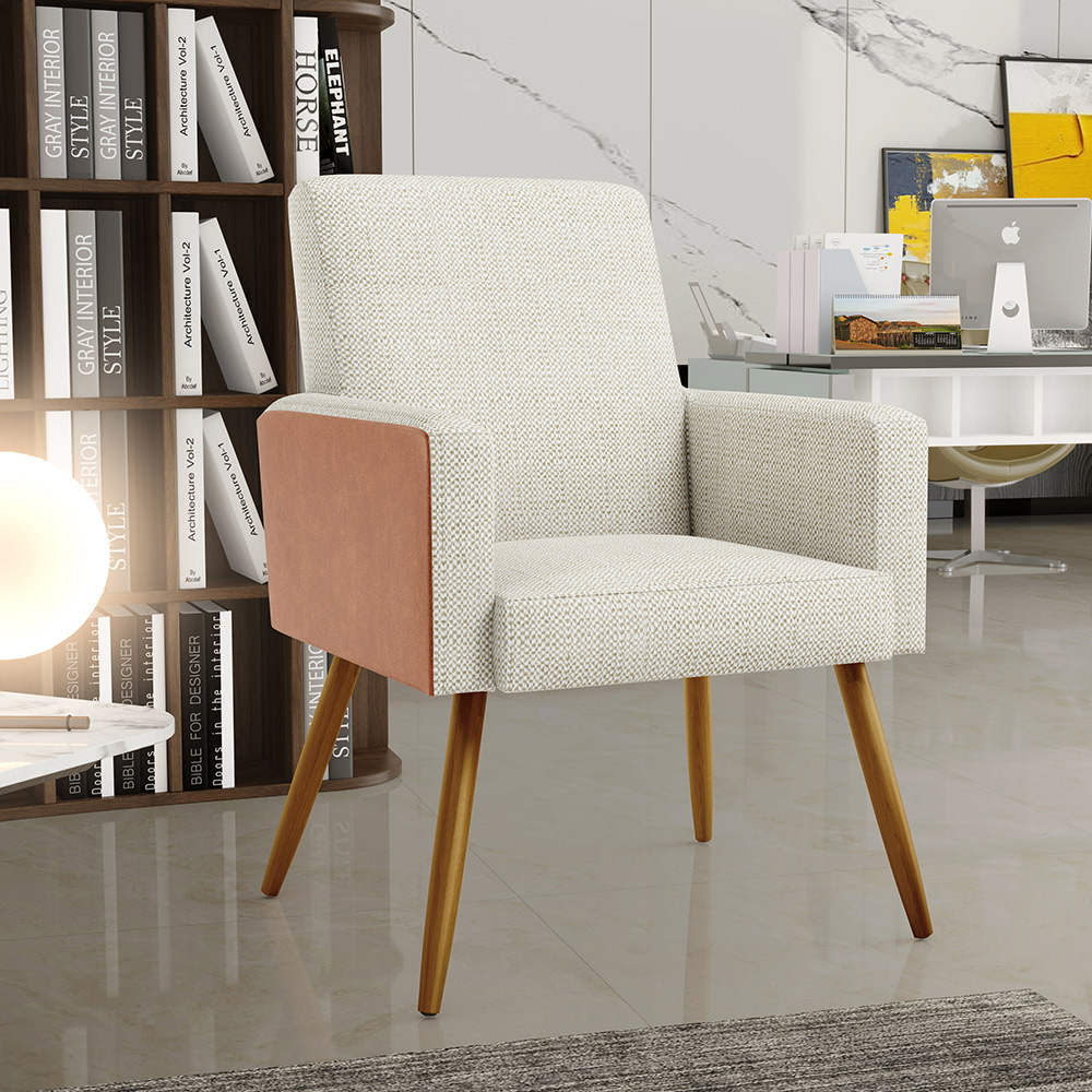Kit 04 Poltronas Decorativa Maria W01 Pés Palito Linho Champagne Couríssimo Camel - Lyam Decor