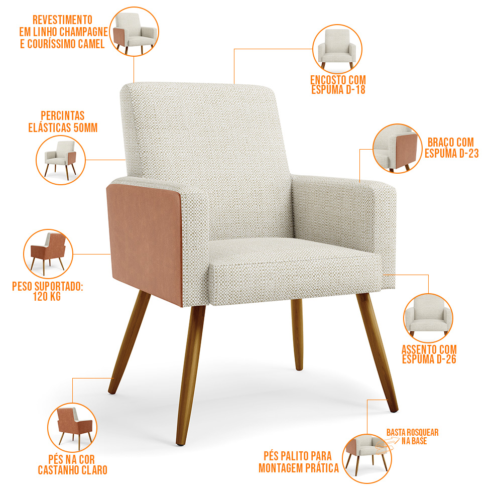 Kit 04 Poltronas Decorativa Maria W01 Pés Palito Linho Champagne Couríssimo Camel - Lyam Decor