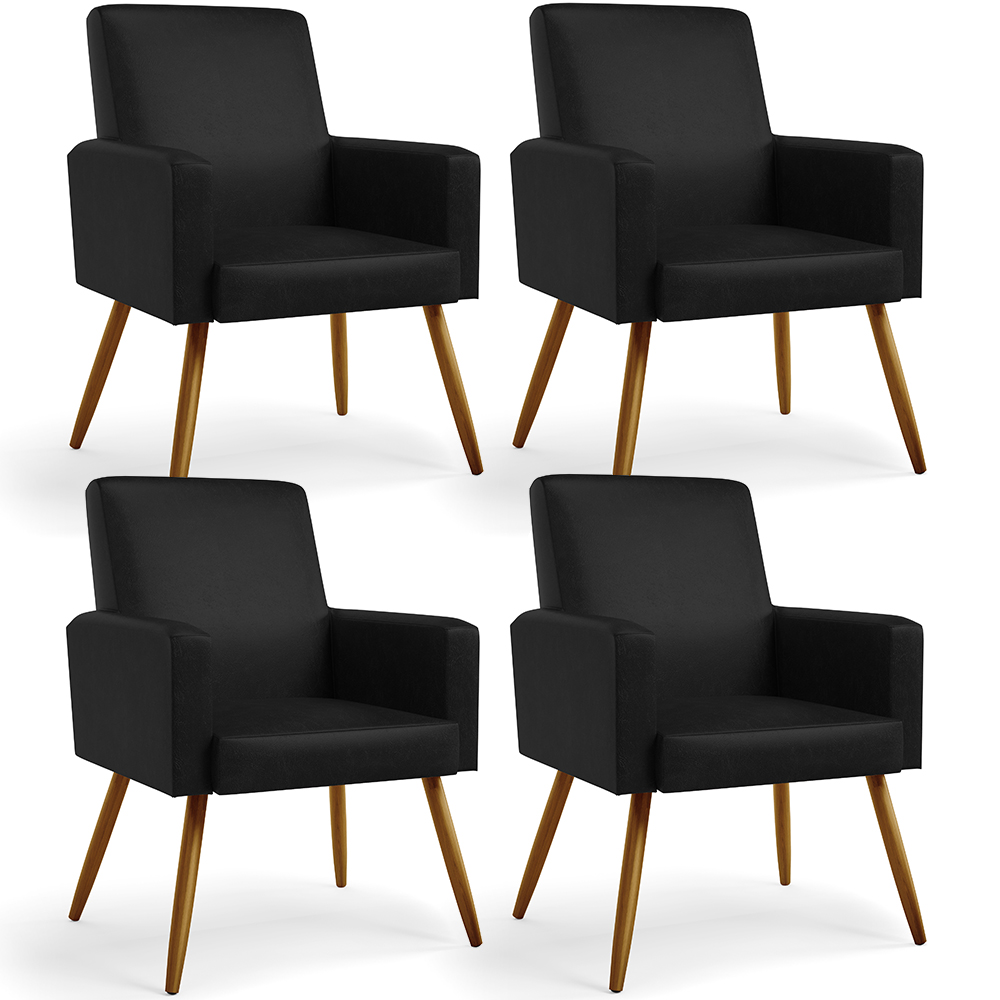 Kit 04 Poltronas Decorativa Para Sala De Estar Maria W01 Pés Palito Couríssimo Preto - Lyam Decor
